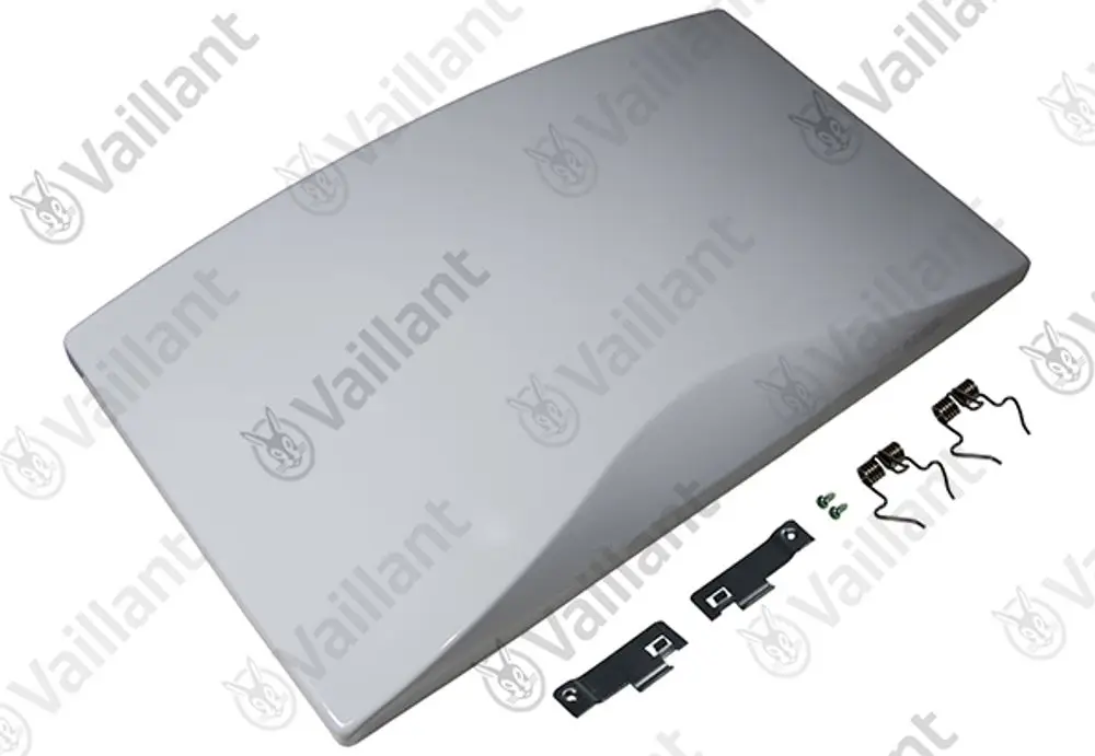 Vaillant Abdeckung in Weiß mit zwei seitlichen Halterungen und Befestigungselementen. Geeignet zur Verkleidung von technischen Geräten oder Anschlüssen.